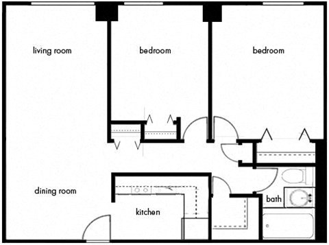 Modern 2-bedroom apartment floor plan at Edgewood Commons 601 in Washington, DC, offering spacious living areas, multiple closets, and energy-efficient appliances—perfect for households seeking a comfortable, market-rate rental near Brookland and Rhode Island Ave Metro stations.